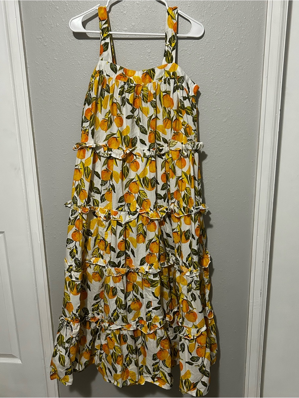 Never Fully Dressed Citrus Orange Lemon Print Tiered Ruffle Maxi Dress US 8 - Picture 2 of 6